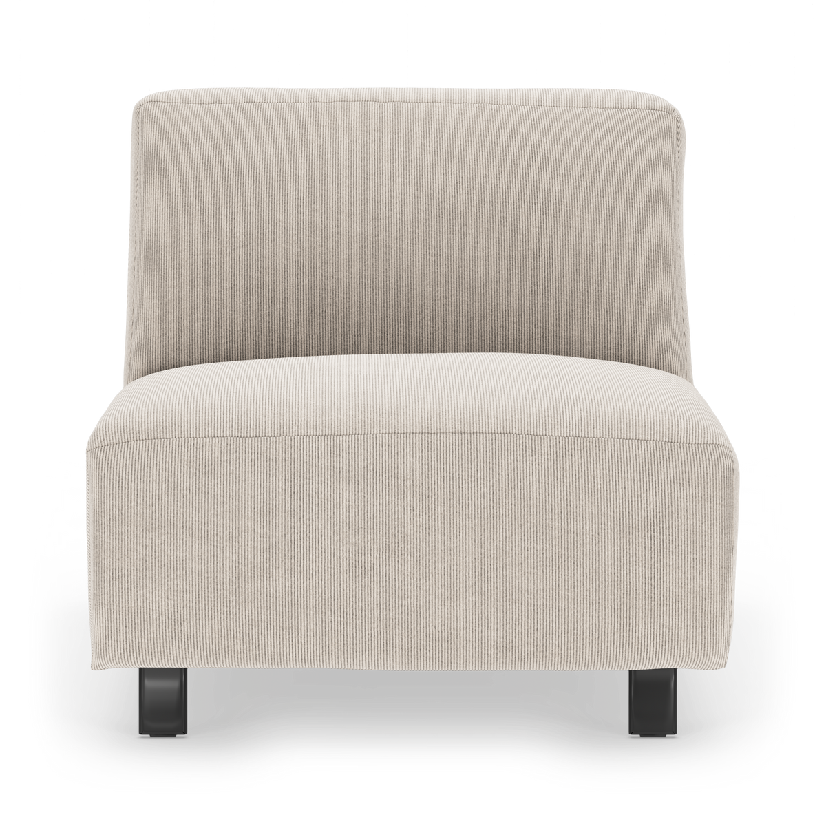 Beige armløs loungestol i stof, frontvisning, fritlagt på hvid baggrund.