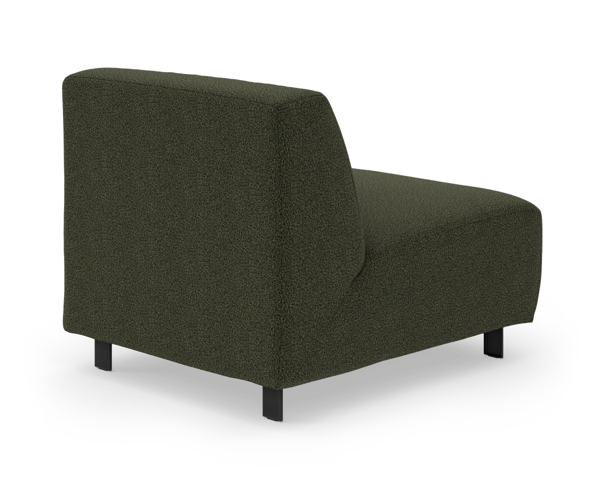 Mørkegrøn modulsofa med ryglæn på den ene side, fotograferet i studie mod hvid baggrund.