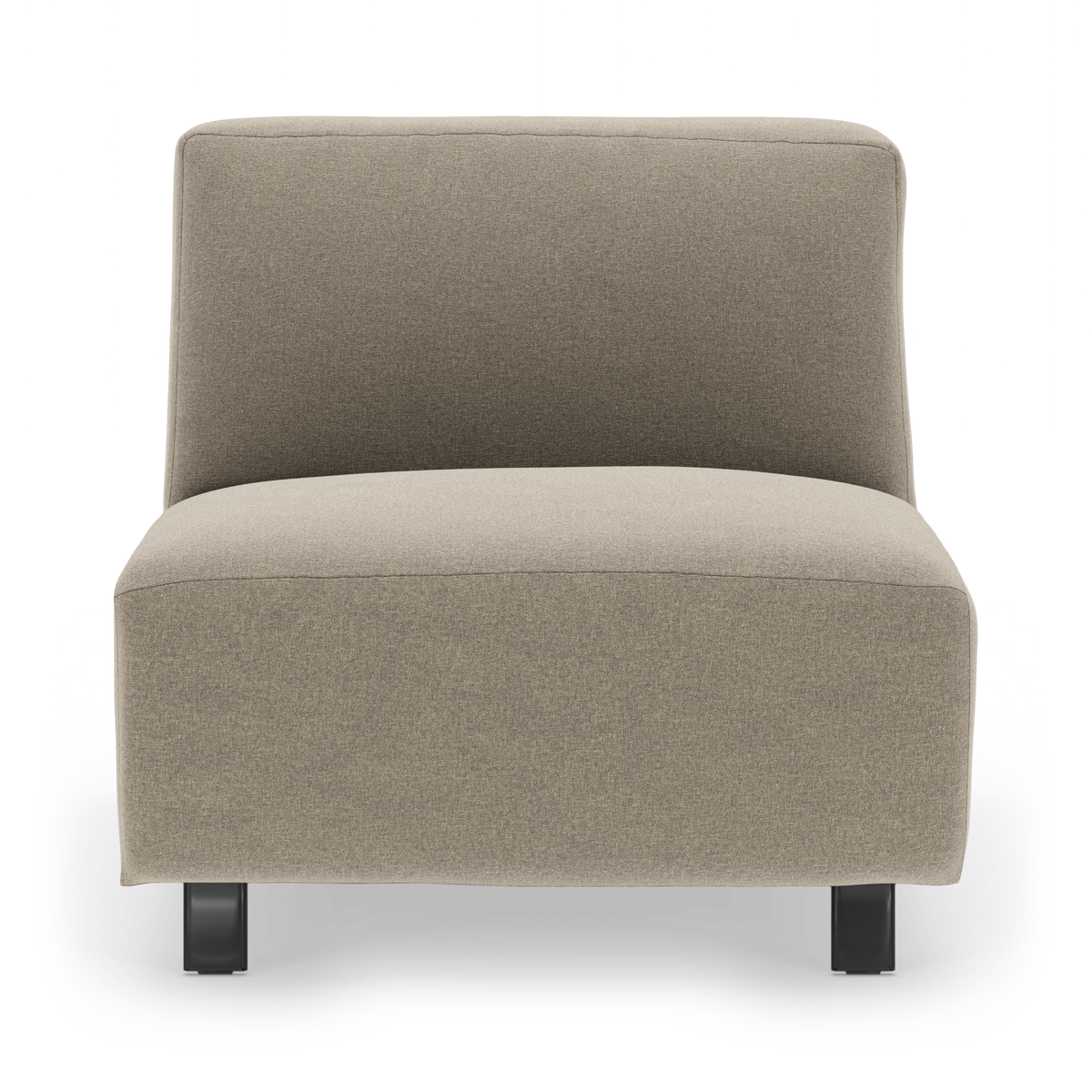 Beige modulsofa uden armlæn på sorte ben, frontvisning mod hvid baggrund.