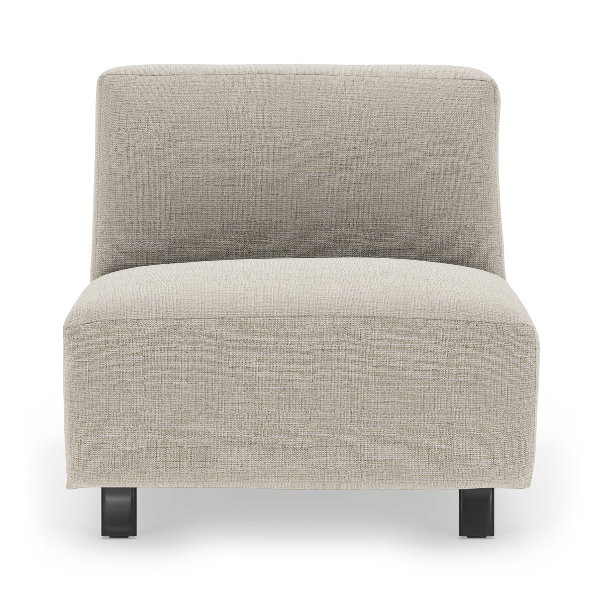Beige modulær armløs loungestol i stof med mørke metalben, set direkte forfra.