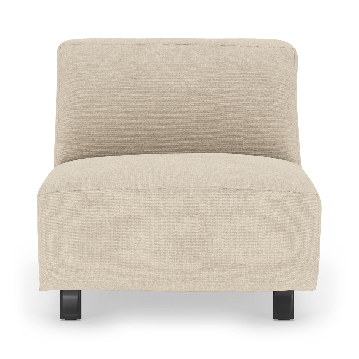 Beige armløs lounge-/modulstol set forfra på hvid baggrund.