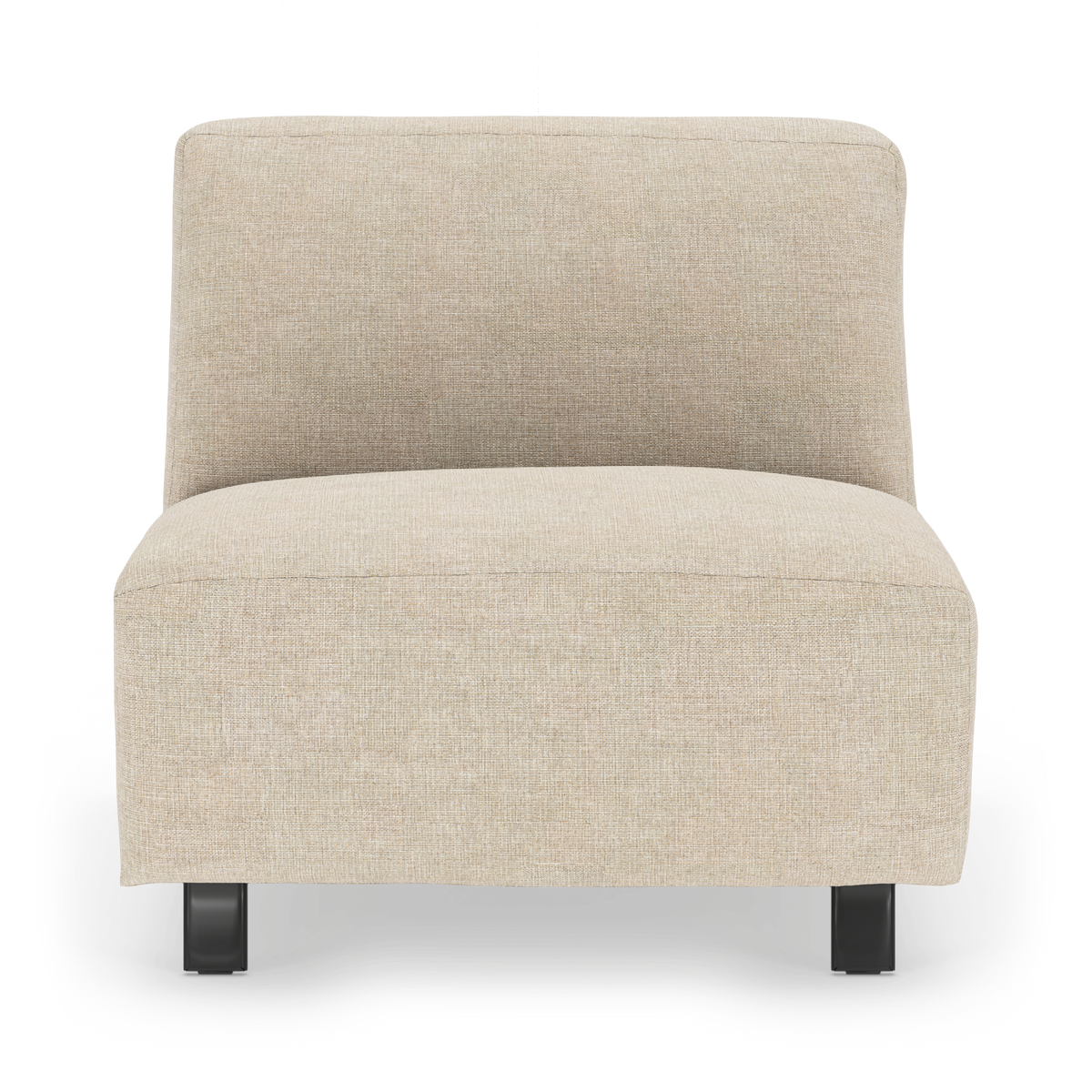 Beige armløs loungemodul i stof med sorte ben, fritlagt på hvid baggrund.