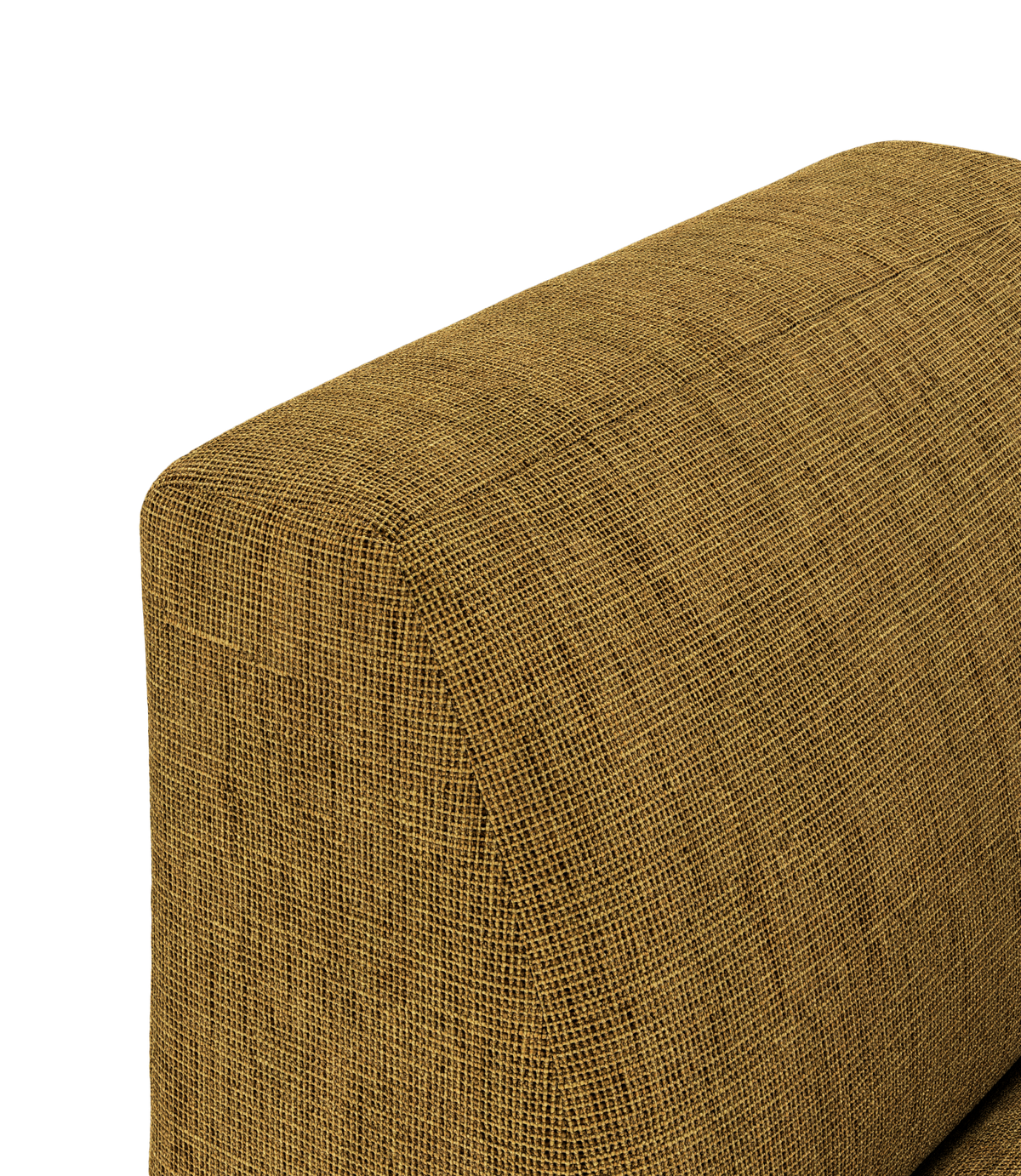 Nærbillede af sennepsgul tekstureret sofa-ryg i stof mod sort baggrund.