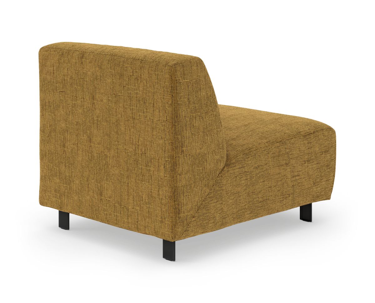 Modulsofa med ryg i sennepsgul tekstil og sorte ben, frilagt på hvid baggrund, set skråt bagfra.