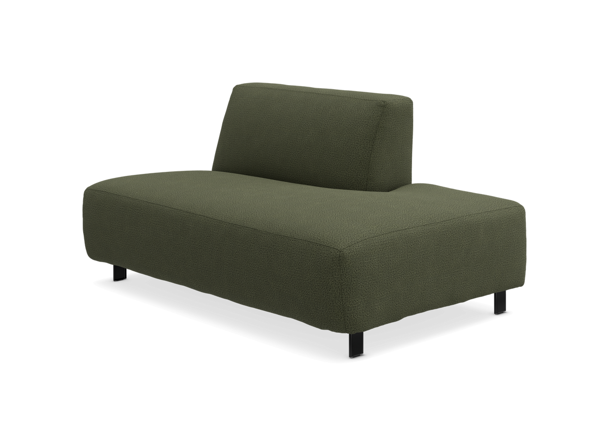 Grøn modulsofa uden armlæn med lav ryg, frilagt på hvid baggrund.