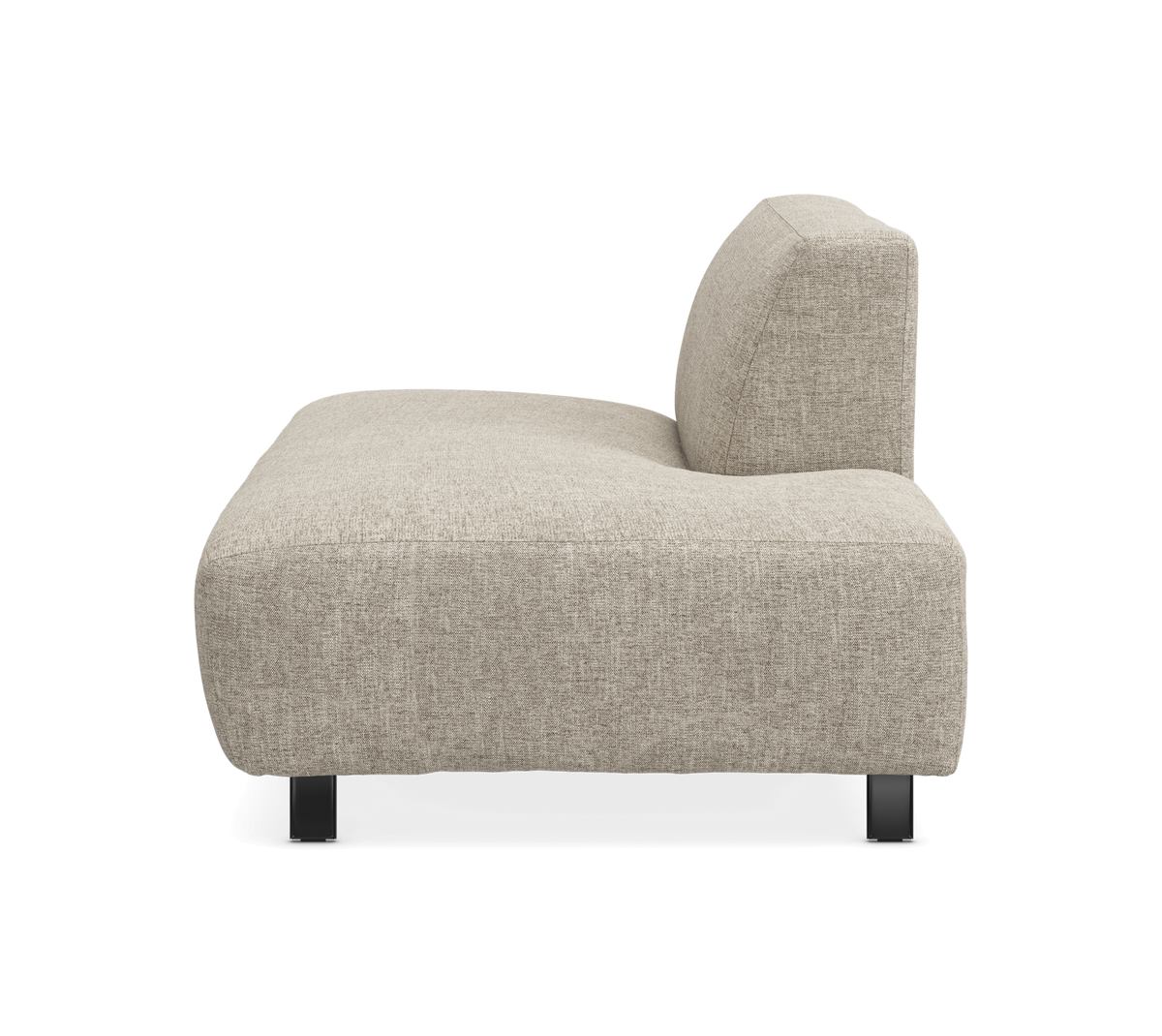 Beige modulsofa i stof, sidevisning, fritstående på hvid baggrund.