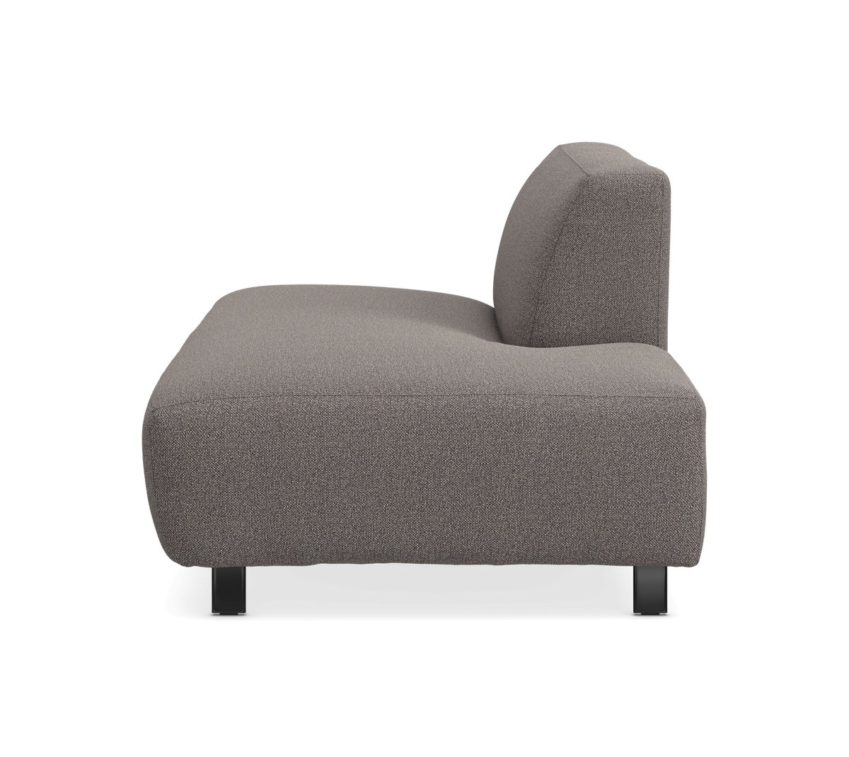 Sidevisning af grå modulsofa med ryglæn og lave sorte ben, frilagt på studiobaggrund.