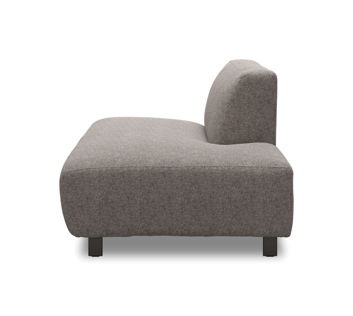 Modulsofa-del i gråt stof, sidevisning med lav siddehøjde og ryglæn.