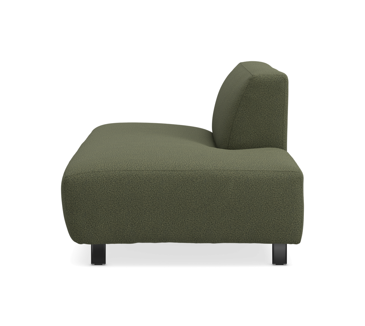 Sidevisning af grøn modulsofa uden armlæn med ryglæn og sorte ben.