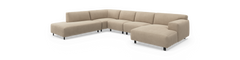 Beige modulopbygget L‑sofa/sektionsofa med højre armlæn, frilagt på hvid baggrund.