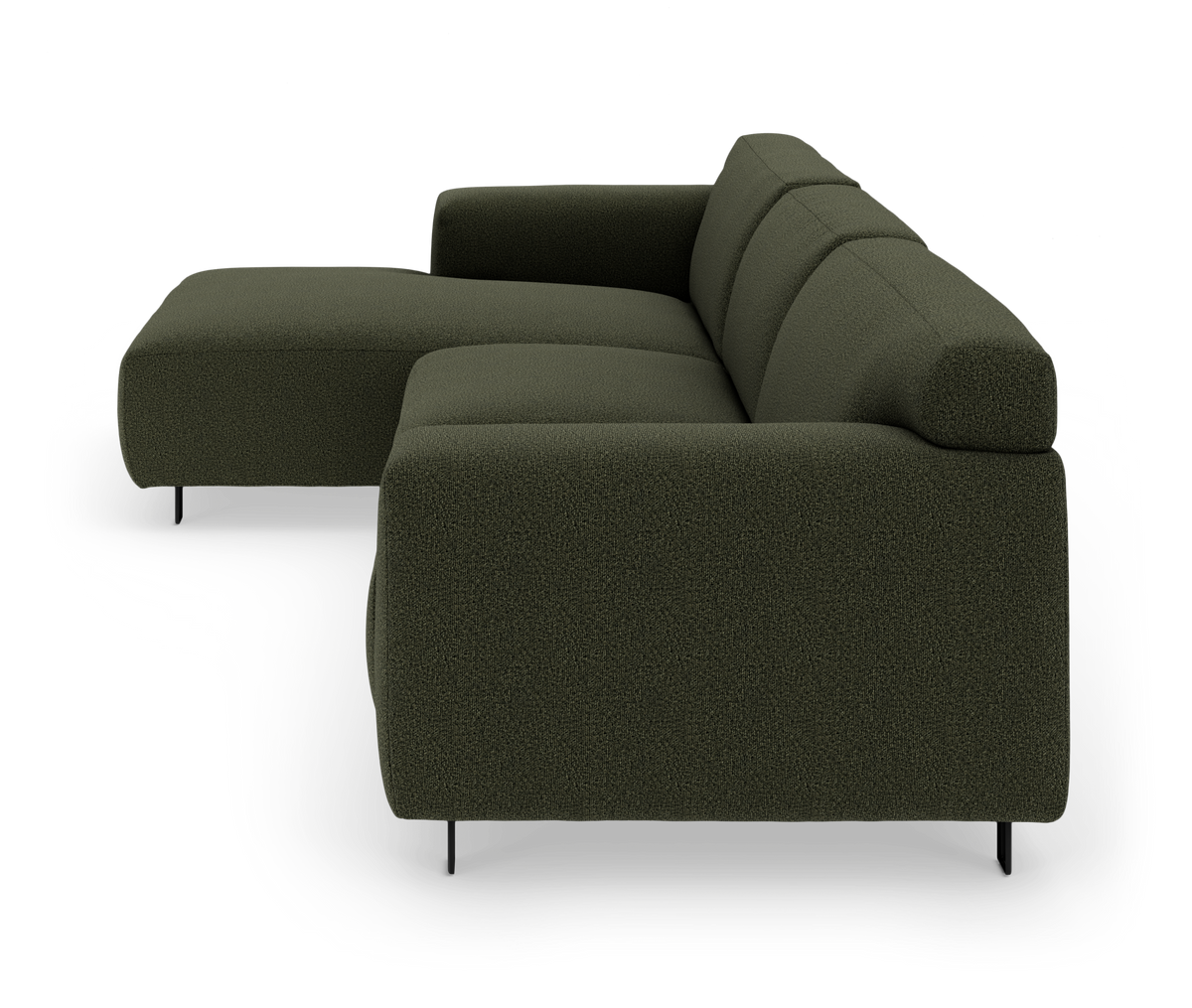 Grøn modulsofa med chaiselong, set skråt fra siden, frilagt på hvid baggrund.