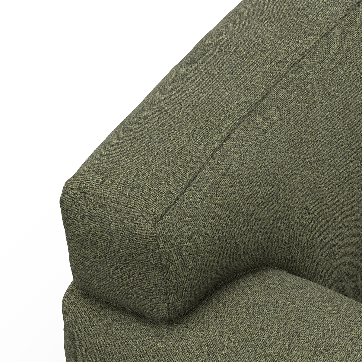 Nærbillede af grønt stofbetrukket sofa-armlæn mod hvid baggrund.