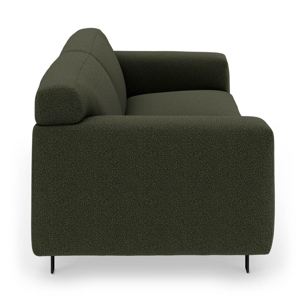 Mørkegrøn sofa i sidevisning med afrundede armlæn og slanke sorte ben.