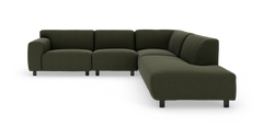 Mørkegrøn modulær hjørnesofa med afrundede former og sorte ben.