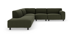 Mørkegrøn modul-hjørnesofa med bløde, afrundede former og sorte ben, frilagt på hvid baggrund.