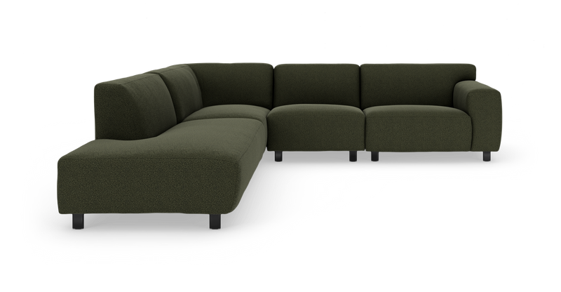 Mørkegrøn modul-hjørnesofa med bløde, afrundede former og sorte ben, frilagt på hvid baggrund._ps