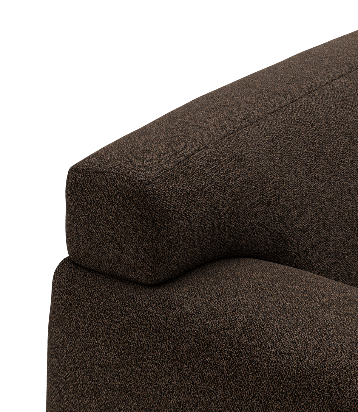 Nærbillede af brun stofsofa med rektangulært armlæn og blød sæde i bouclé-lignende tekstur.