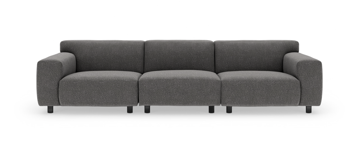 Mørkegrå modulsofa med tre sæder og afrundede armlæn, frontvisning på hvid baggrund.