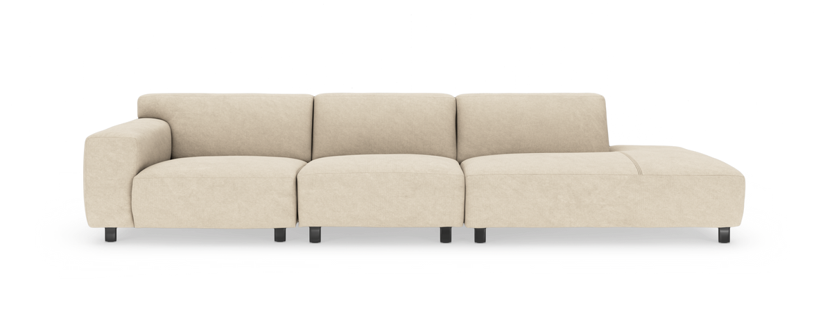 Beige modulsofa med venstre armlæn og højre chaiselong, fritlagt på hvid baggrund.