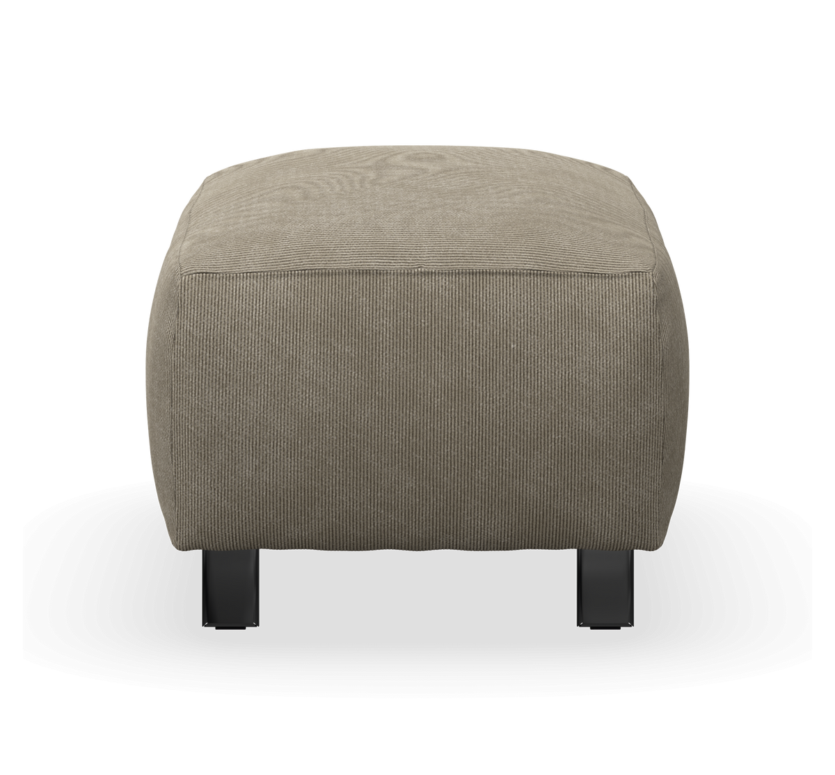 Beige puf i bredriflet fløjl med sorte ben, fotograferet forfra på hvid baggrund.