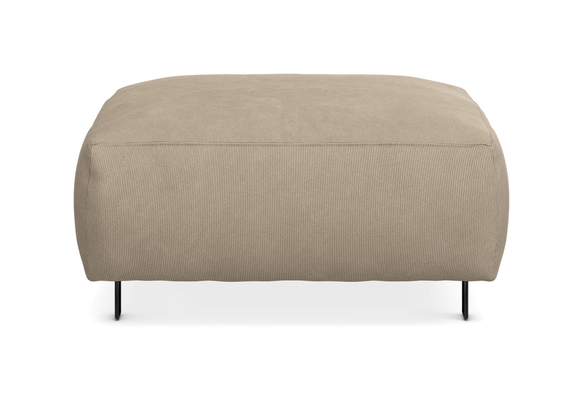 Beige puf i corduroy med sorte metalben, frontvisning, frilagt.