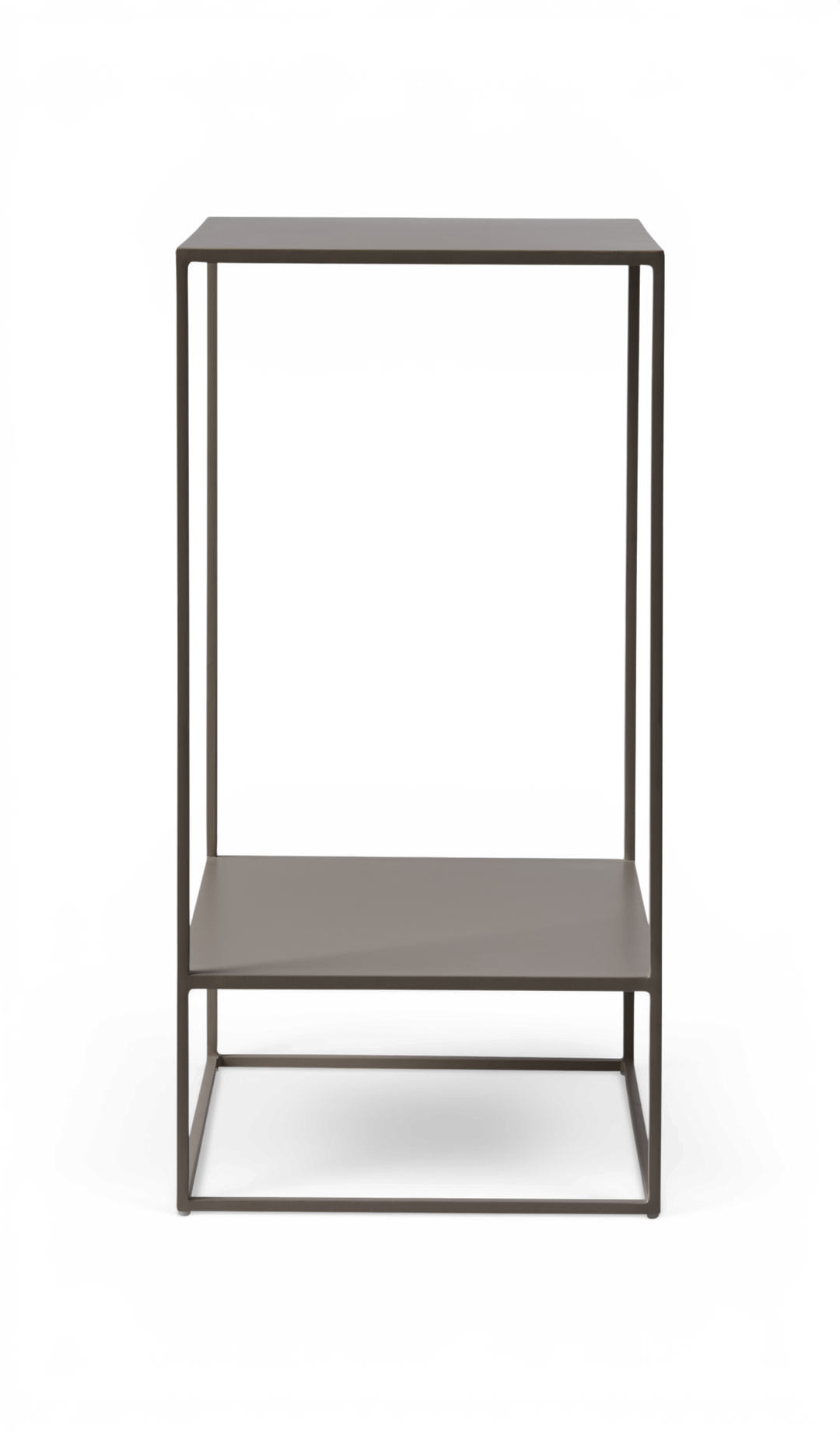 Minimalistisk grå metal-konsol med to hylder, fritlagt produktbillede.