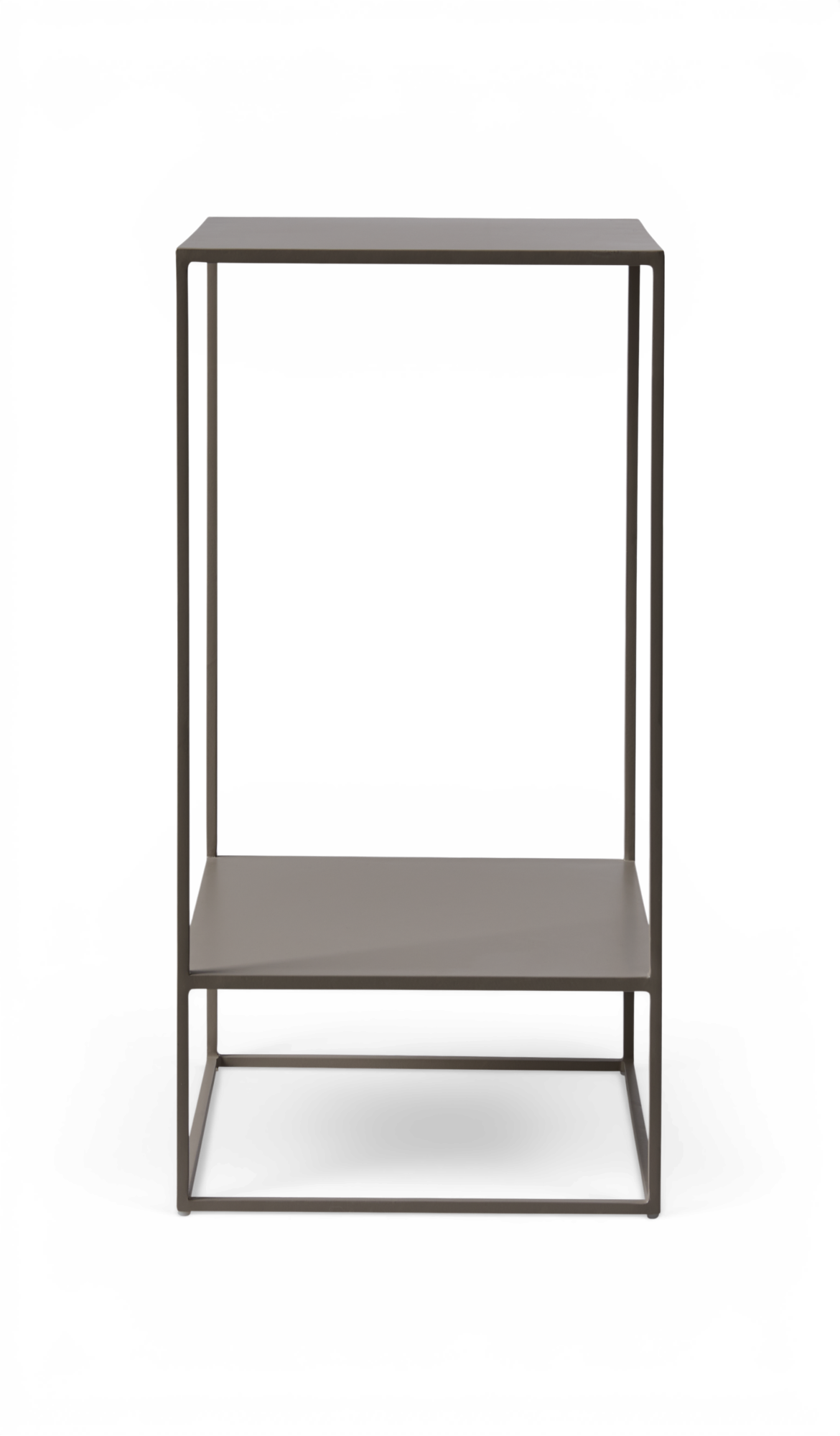 Minimalistisk grå metal-konsol med to hylder, fritlagt produktbillede.