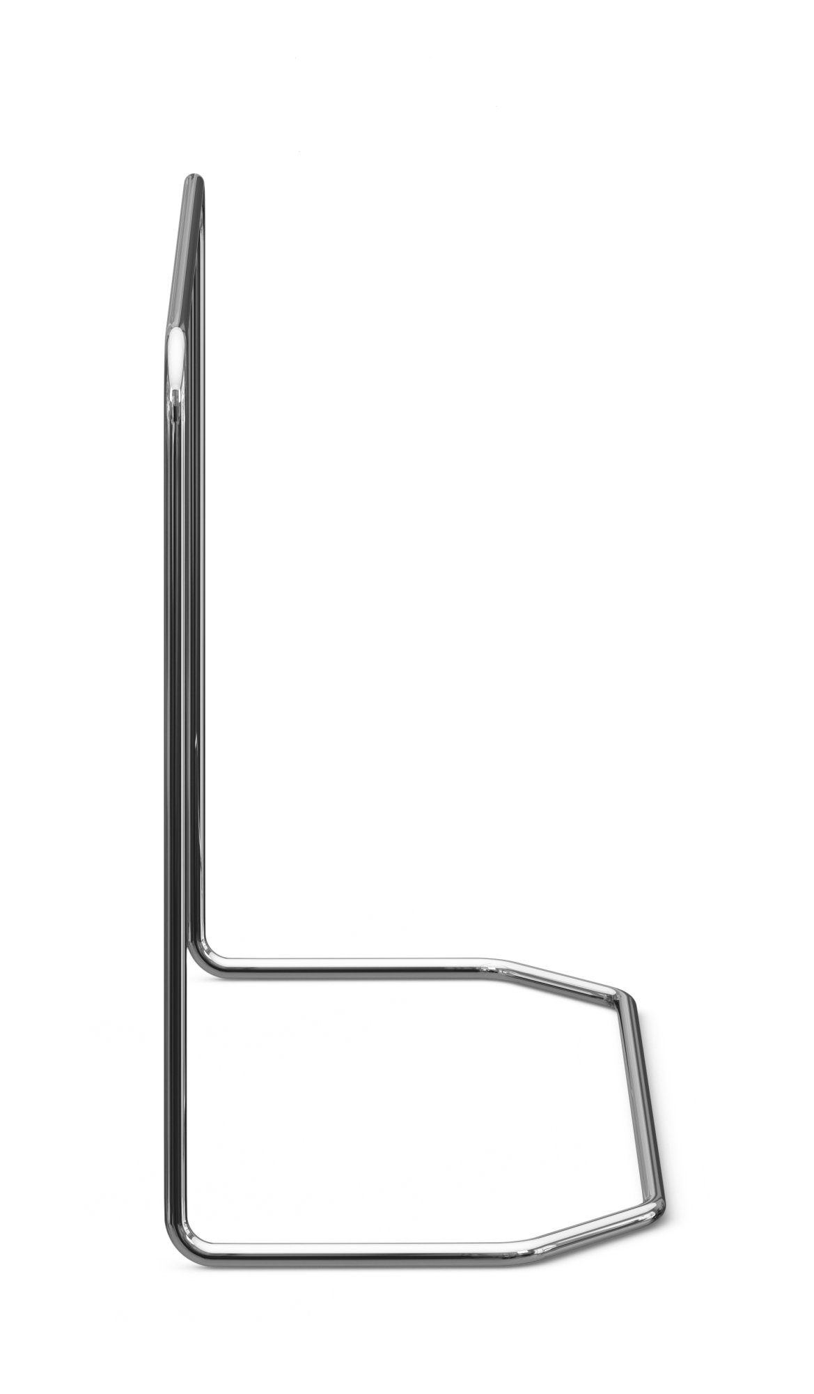 Forkromet metalramme i sidevisning, L‑formet med rektangulær base, frilagt på hvid baggrund.