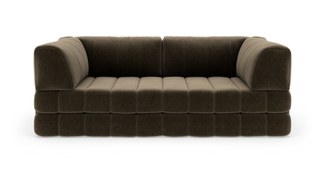 Modulsofa i mørkebrun tekstil, set forfra på hvid baggrund.