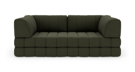 Mørkegrøn modulsofa med afrundede hjørner og blokformede sædehynder, frontview i studiemiljø på hvid baggrund.