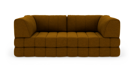 Modulsofa i sennepsbrun bouclé med afrundede armlæn, frontvisning.