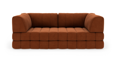 Rustbrun modulsofa i stof set direkte forfra, fritstående mod hvid baggrund.
