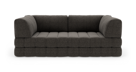 Mørkegrå, moderne 3-personers sofa med afrundede armlæn og quiltet, modulært sæde, fritstående på hvid baggrund.
