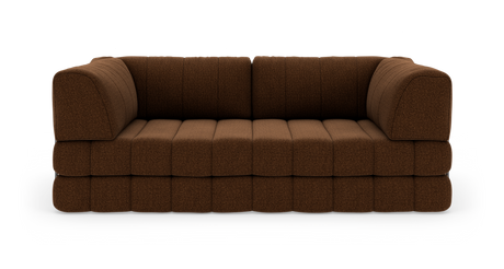 Brun modulsofa i tekstil med dybe sæder, frontvisning på hvid baggrund.