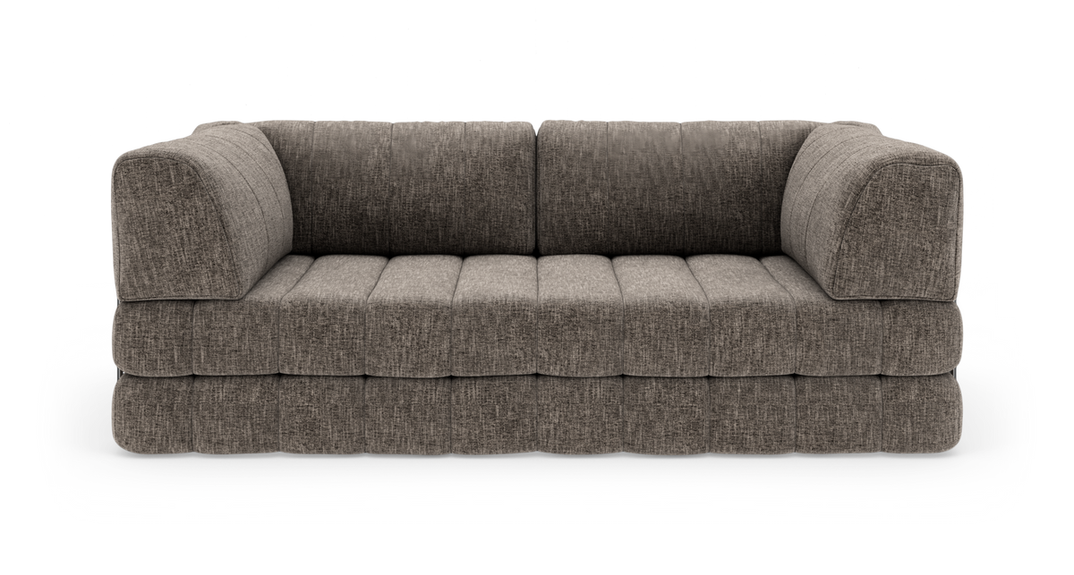 Moderne 3-personers sofa i gråmeleret stof, frontvisning på hvid baggrund.