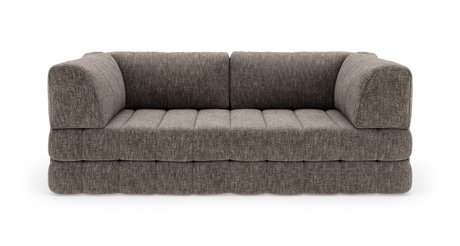 Moderne 3-personers sofa i gråmeleret stof, frontvisning på hvid baggrund.