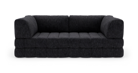 Mørkegrå 3-personers stofsofa, frontvisning på hvid studiebaggrund.