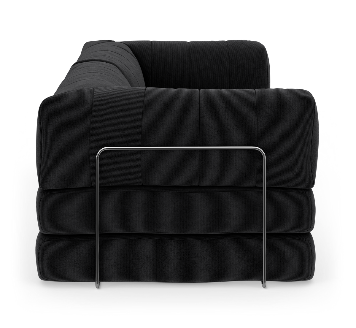 Sort modulsofa/sofaelement med bløde, afrundede puder og ydre metalbøjle, set lige forfra på hvid baggrund.