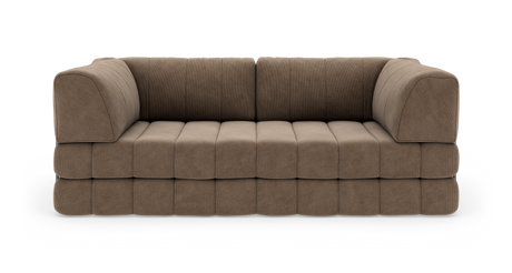 Brun modulsofa i corduroy med afrundede armlæn og bloksyet sæde, frontvisning på hvid baggrund.