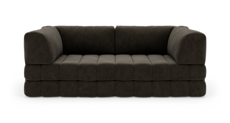 Mørkebrun, modulær 3-personers sofa i bredriflet fløjl, fritlagt på hvid baggrund med bløde, blokformede hynder og afrundede armlæn.