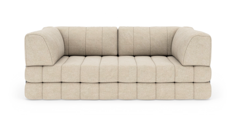 Beige modulsofa med afrundede blokpuder, frontvisning, fritlagt på hvid baggrund.