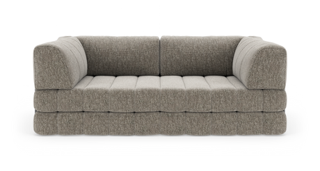 Grå‑beige modulsofa med afrundede armlæn og dybe, kanalsyede sædehynder, frilagt på hvid baggrund.