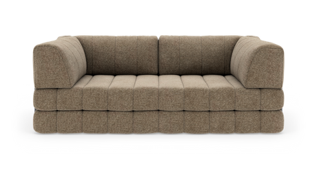 Brun/beige modulsofa med blødt afrundede armlæn og blokquiltede puder, frilagt på hvid baggrund.