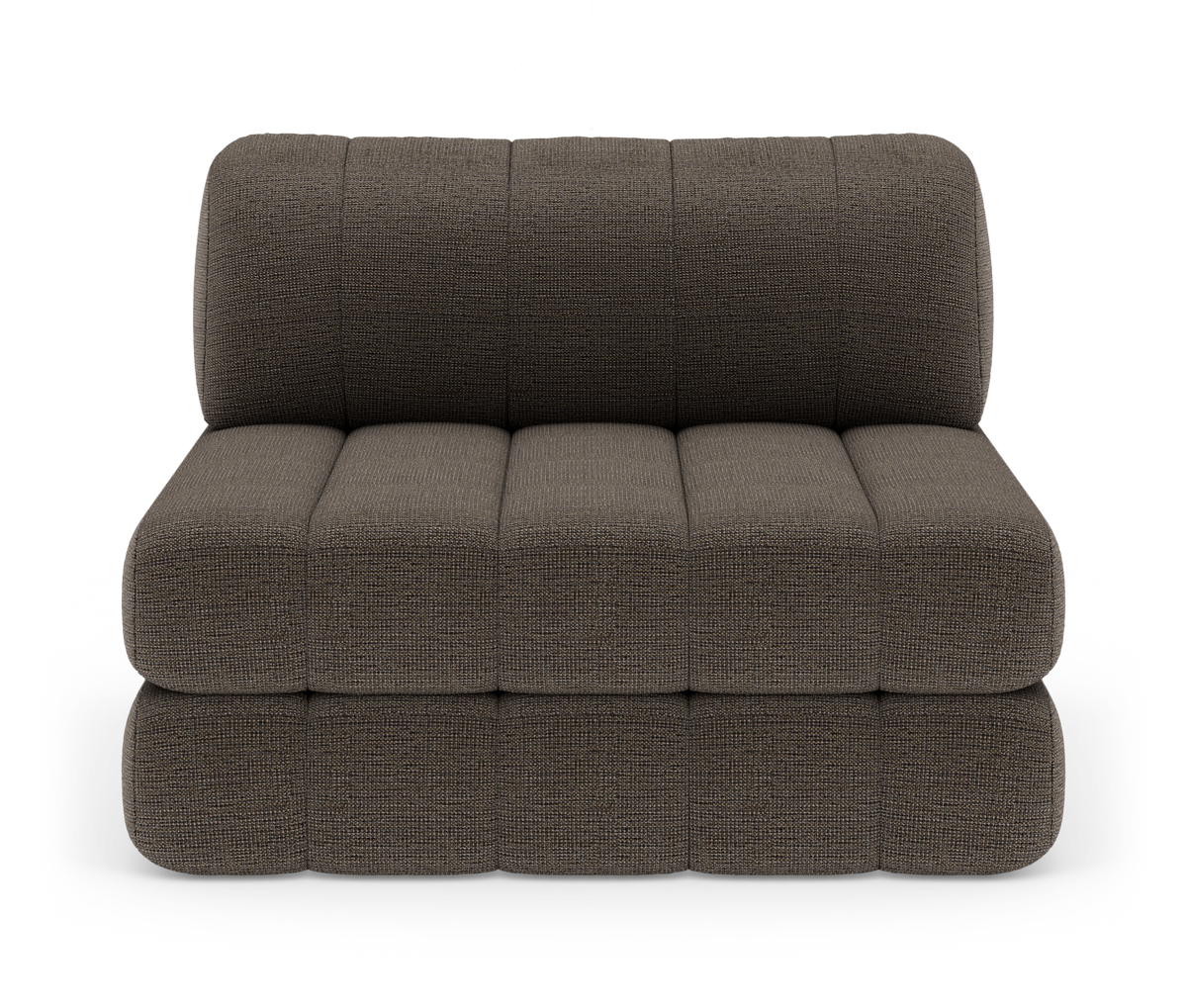Brun modulsofa uden armlæn med brede kanalsyede hynder, fotograferet forfra i studiemiljø.