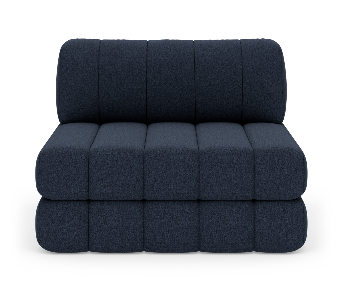 Mørkeblå modulær 2-personers sofa uden armlæn med blokformede, polstrede sektioner, frilagt på hvid baggrund.