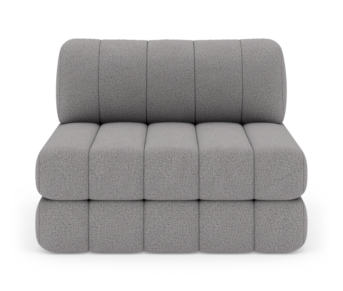 Modulær to-personers sofa uden armlæn i lysgråt stof, frontvisning på hvid baggrund.