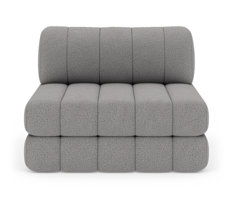 Modulær to-personers sofa uden armlæn i lysgråt stof, frontvisning på hvid baggrund.