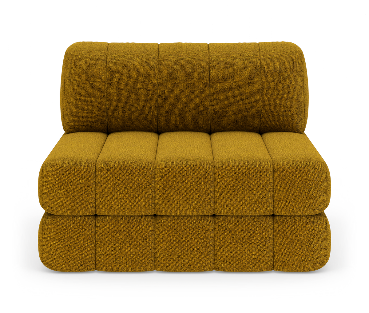 Modulsofa i sennepsgul tekstil, to-sæders uden armlæn med kubistisk polstring, frilagt på hvid baggrund.
