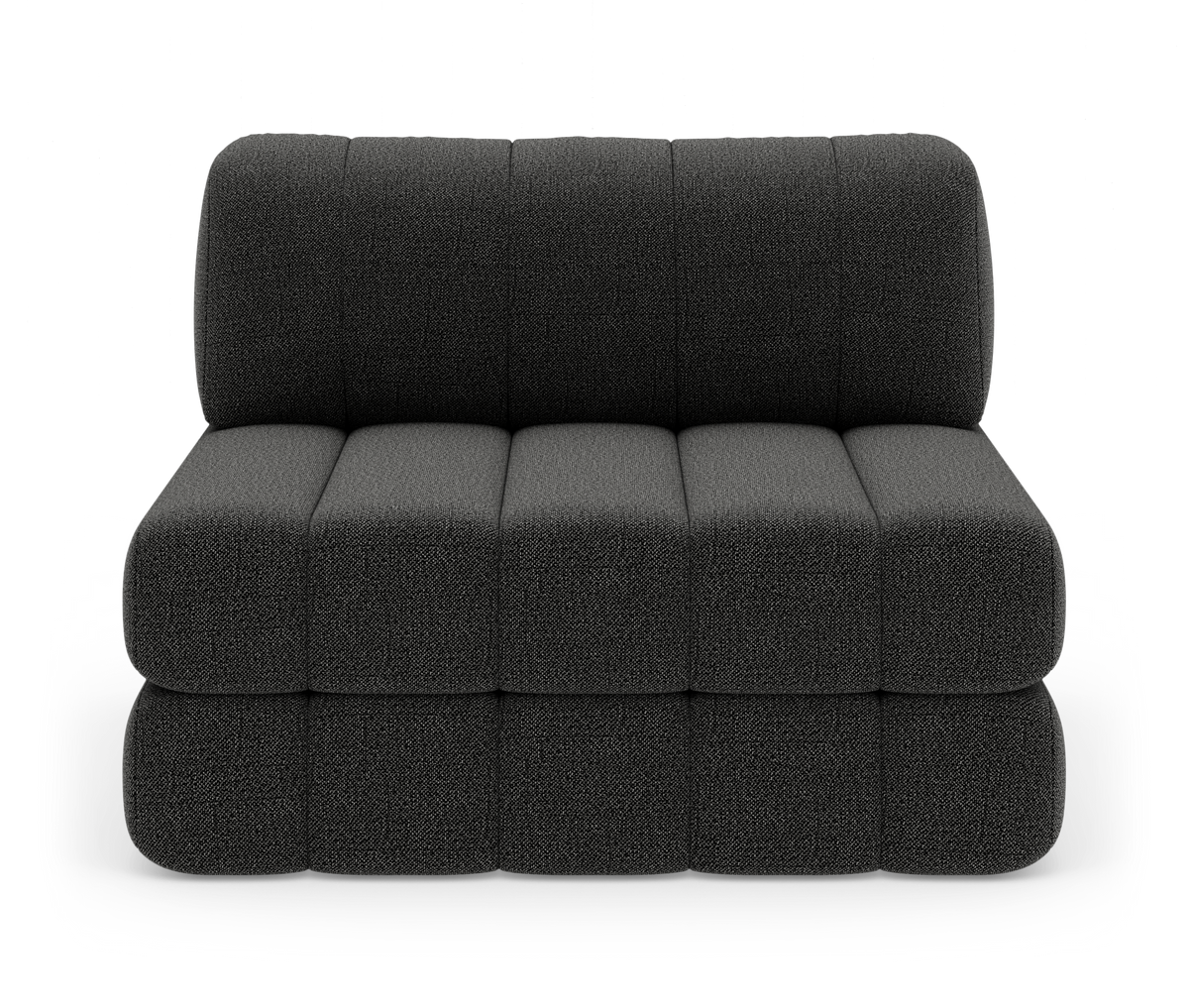 Mørkegrå modulær 2‑personers sofa uden armlæn, frontvisning, isoleret i studie.