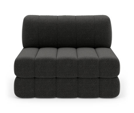 Mørkegrå modulær 2‑personers sofa uden armlæn, frontvisning, isoleret i studie.